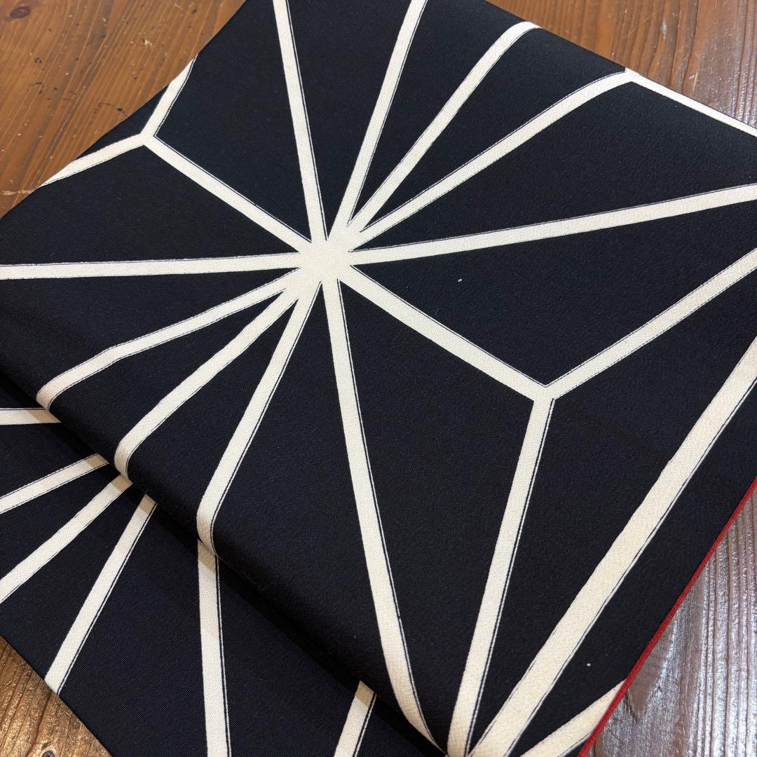 京袋帯　黒に麻の葉模様　全通　長さ365 レトロモダン o1587