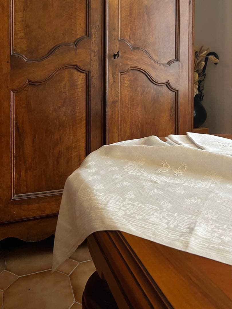 ◆フランスアンティーク｜イニシャル刺繍トーションセット、ダマスク織り白ナプキン