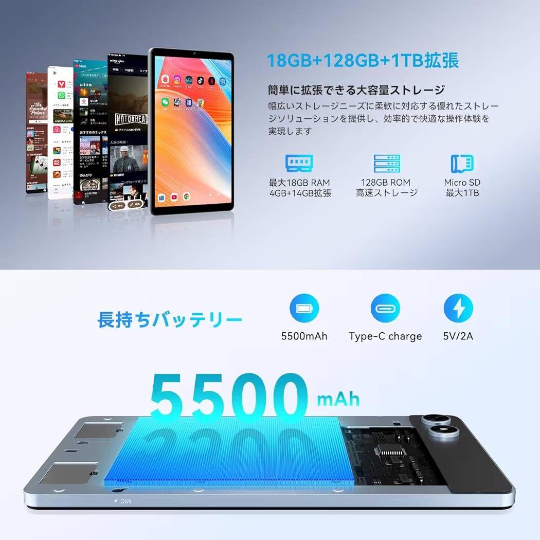 タブレット8.7インチ Android1518GB+128GB+1TB拡張可能