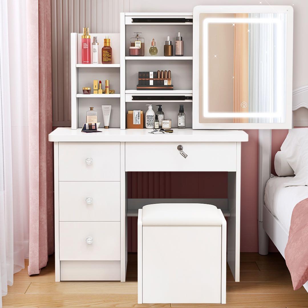 （限定セール）ドレッサー コンパクト 白 3色LED ライト収納沢山 化粧台