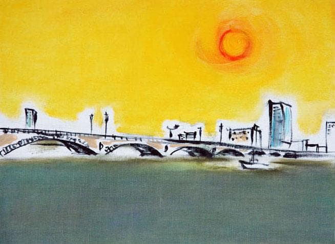 油絵 菅家令子 絵 絵画 インテリア F4-090814 風景 太陽 橋