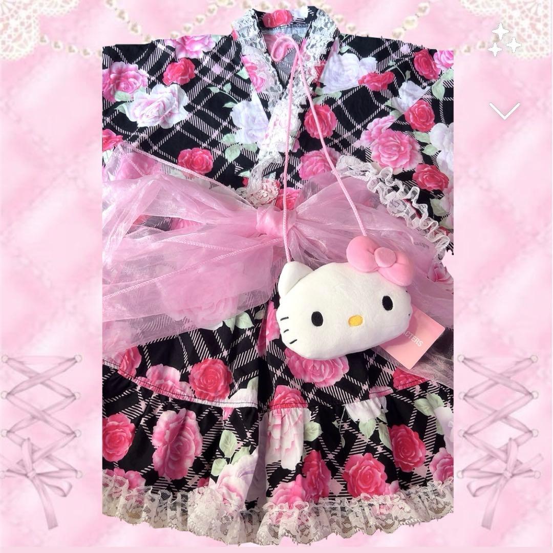 浴衣ドレス♡黒ピンクバラ柄♡ REIRIE 金子理江ちゃん着用