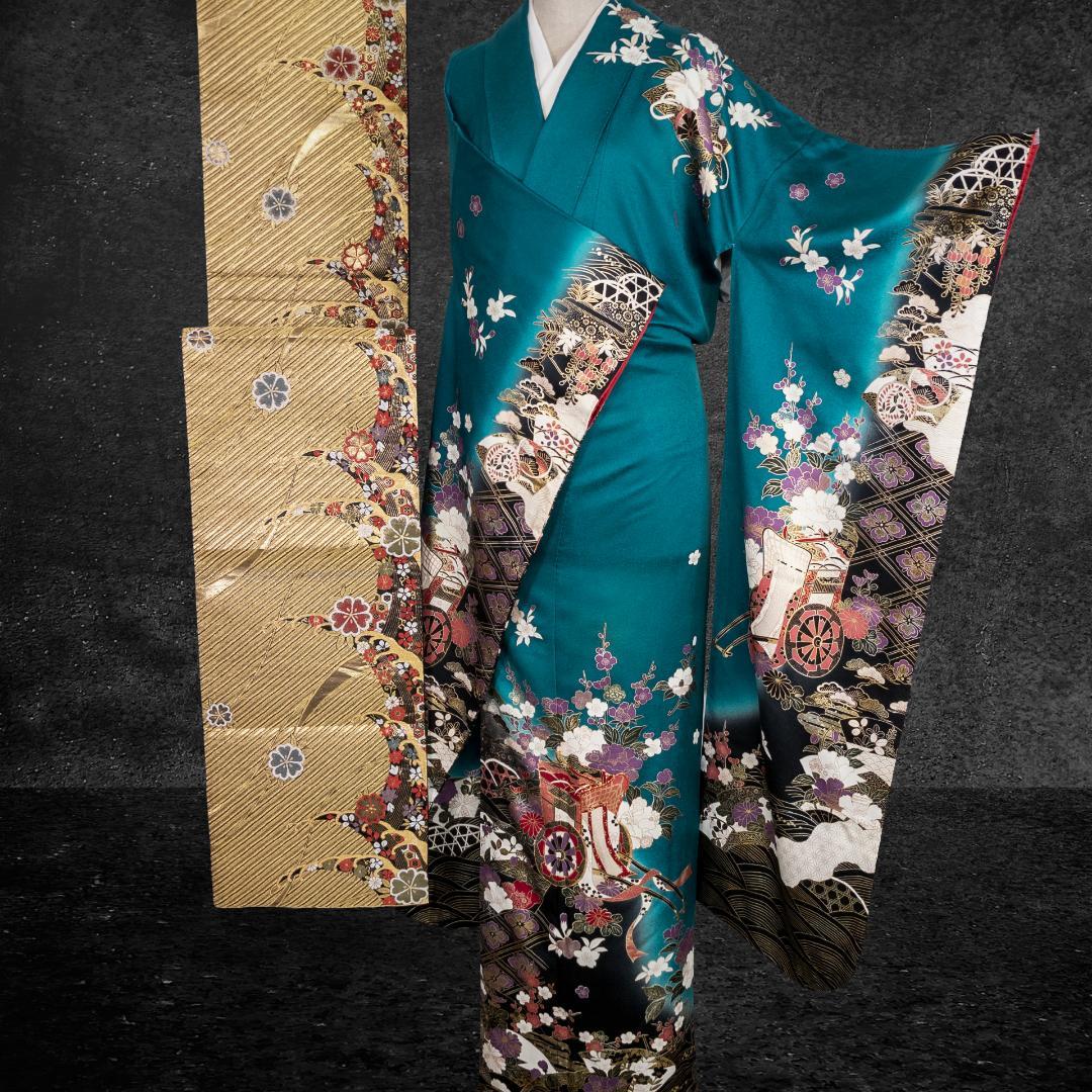 R7SK1329 振袖+帯 2点セット 花々 御所車 波 青緑 ゴールド 六通柄