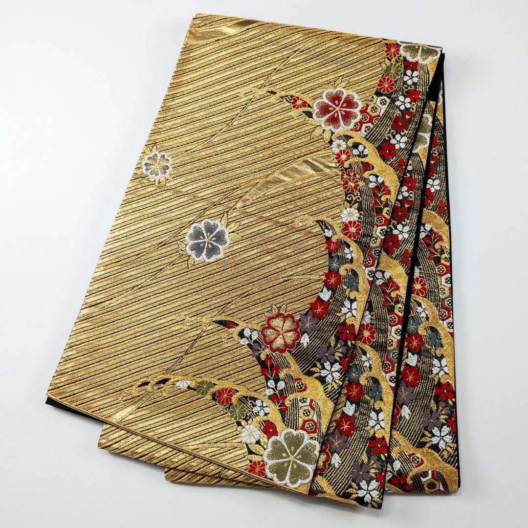 R7SK1329 振袖+帯 2点セット 花々 御所車 波 青緑 ゴールド 六通柄