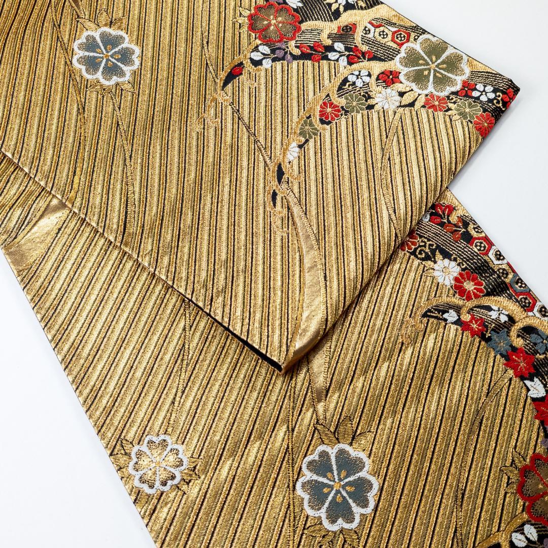 R7SK1329 振袖+帯 2点セット 花々 御所車 波 青緑 ゴールド 六通柄