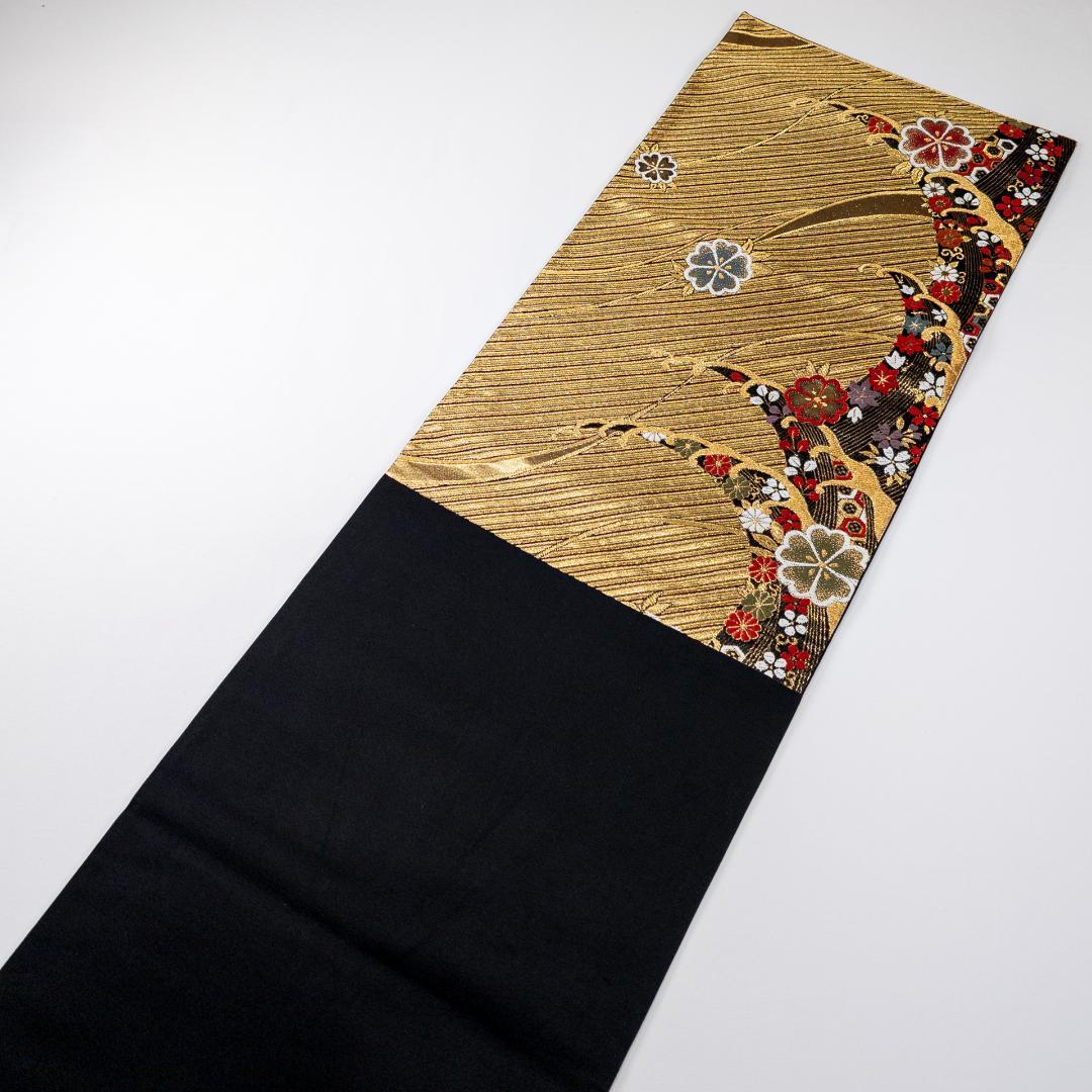 R7SK1329 振袖+帯 2点セット 花々 御所車 波 青緑 ゴールド 六通柄