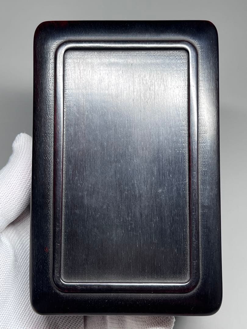 木製　小物入れ　硯箱　山水紋　浮き彫り　極細工　文房具　中国美術　唐木黑檀