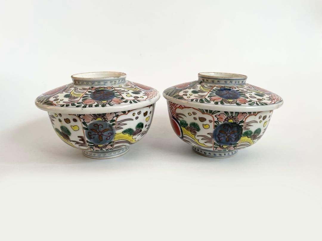 骨董　アンティーク　古伊万里　色絵　蓋付碗　煮物碗　飯碗　蓋茶碗　二客