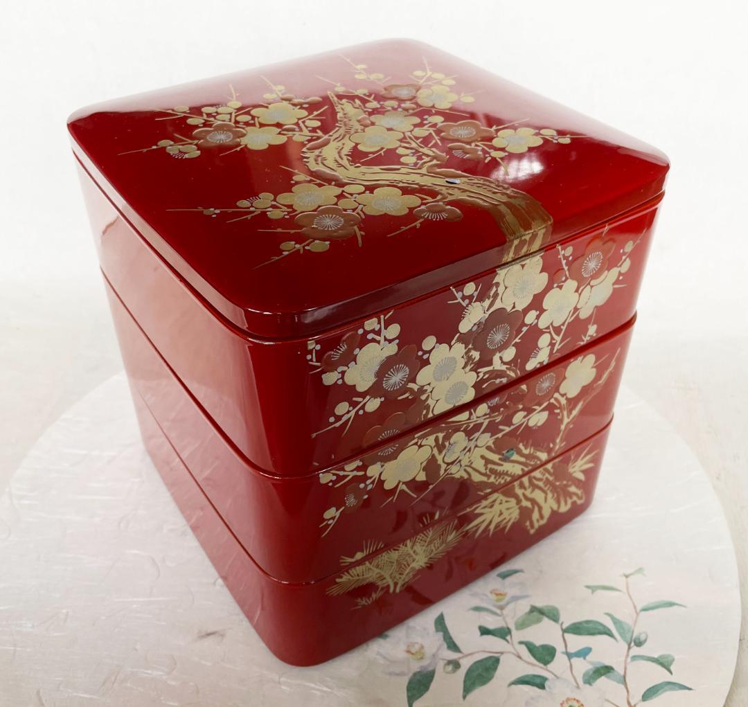 重箱 おせち 朱塗松竹梅蒔絵螺鈿入内黒 6.5寸 19.5cm 正月 弁当箱
