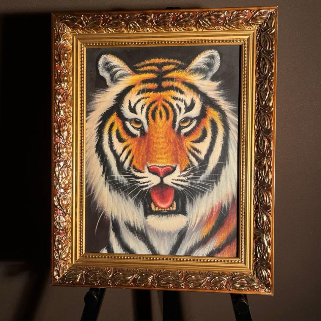 ★秀作★手書き油絵 タイガー（虎） 額付 絵画 インテリア 油彩画