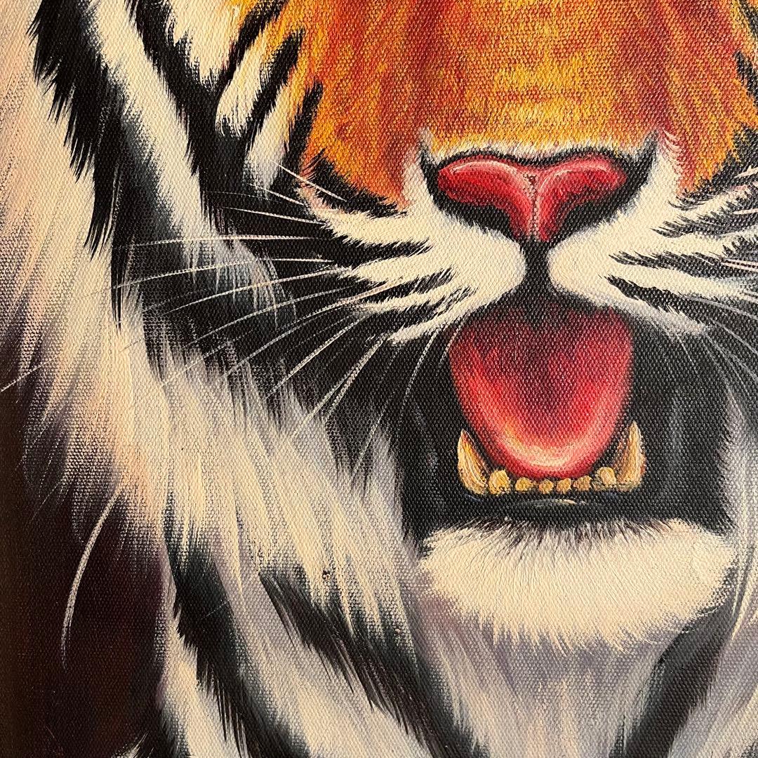 ★秀作★手書き油絵 タイガー（虎） 額付 絵画 インテリア 油彩画