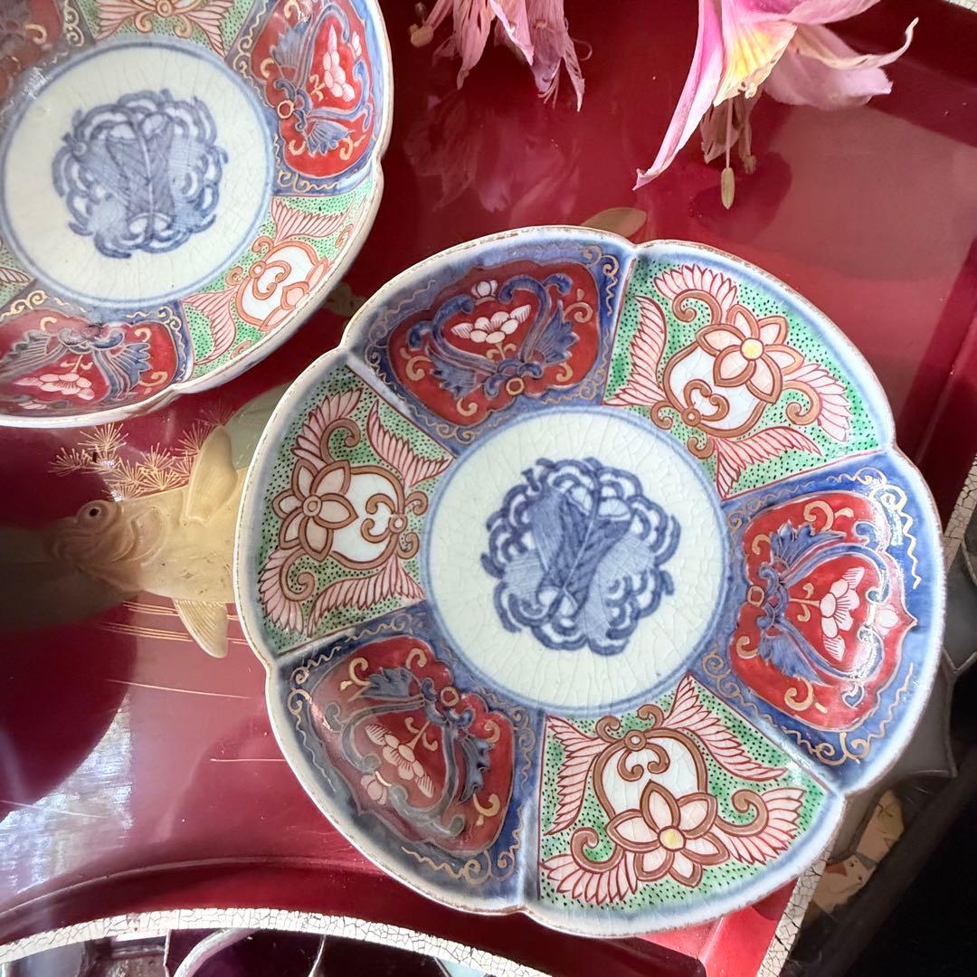 2208様感謝‼️明治27年‼️超絶伊万里錦手　軍配❌瓔珞文　輪花縁小皿5客高橋氏