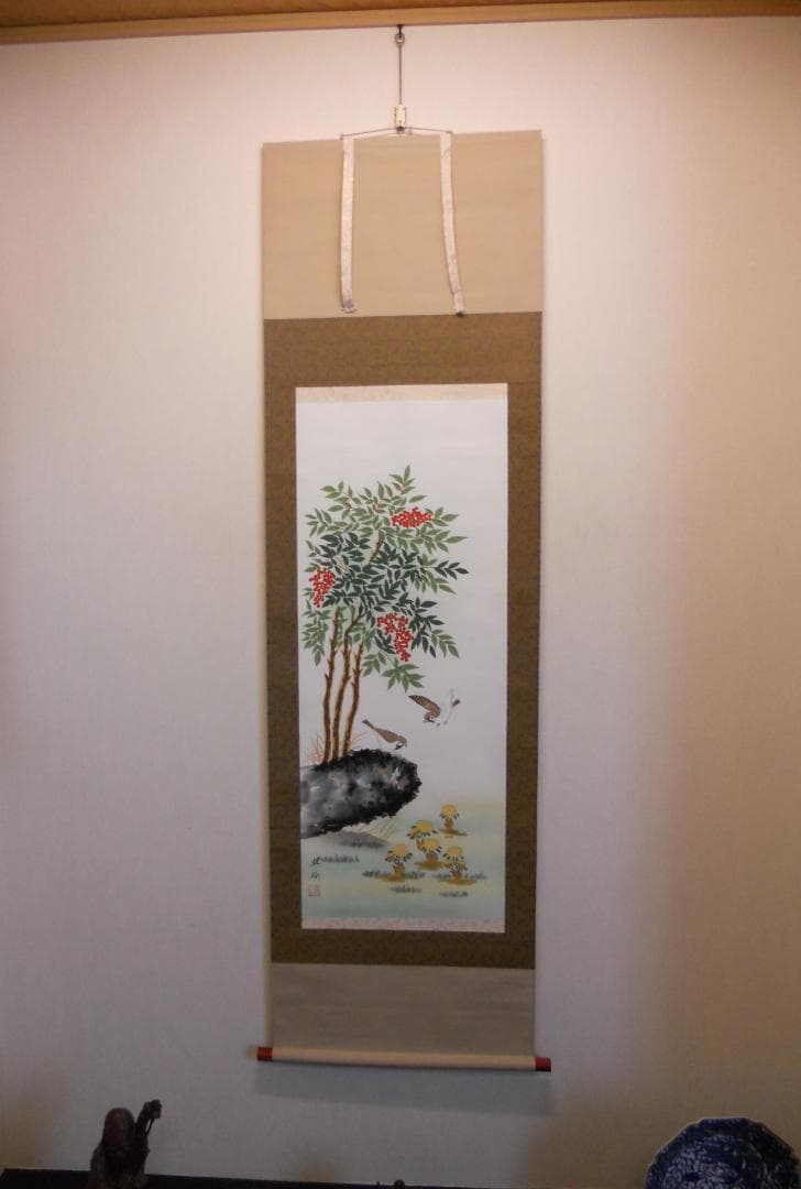 掛け軸 桂仙 南天福寿 絹本 希少 軸装 茶道具 掛軸 美品 です。