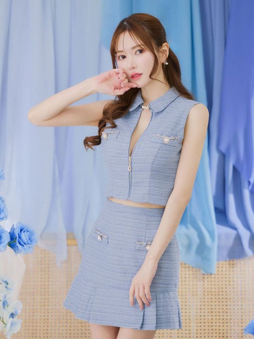 JEWELS マーメイドツイードパールボタンドレス ブルー