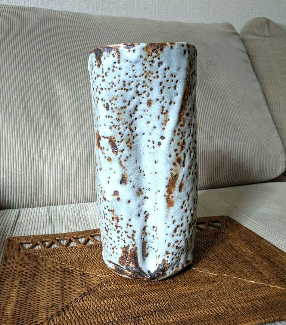 加藤春鼎 鼠志野　円筒花入　花器　花瓶 志野　大型　作家もの