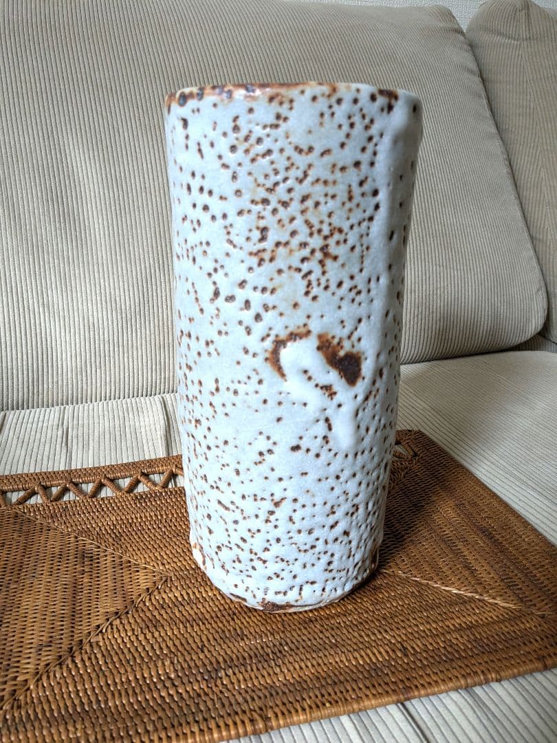 加藤春鼎 鼠志野　円筒花入　花器　花瓶 志野　大型　作家もの