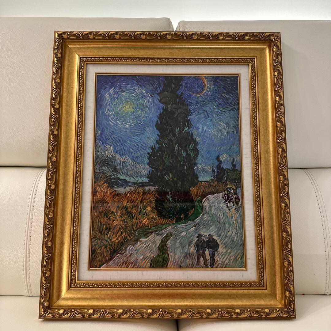 油彩画 星月夜の道 約40x50cm