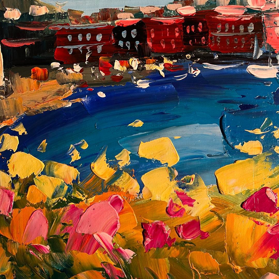 手書き油絵 地中海の風景 額付 肉筆絵画 インテリア 油彩画