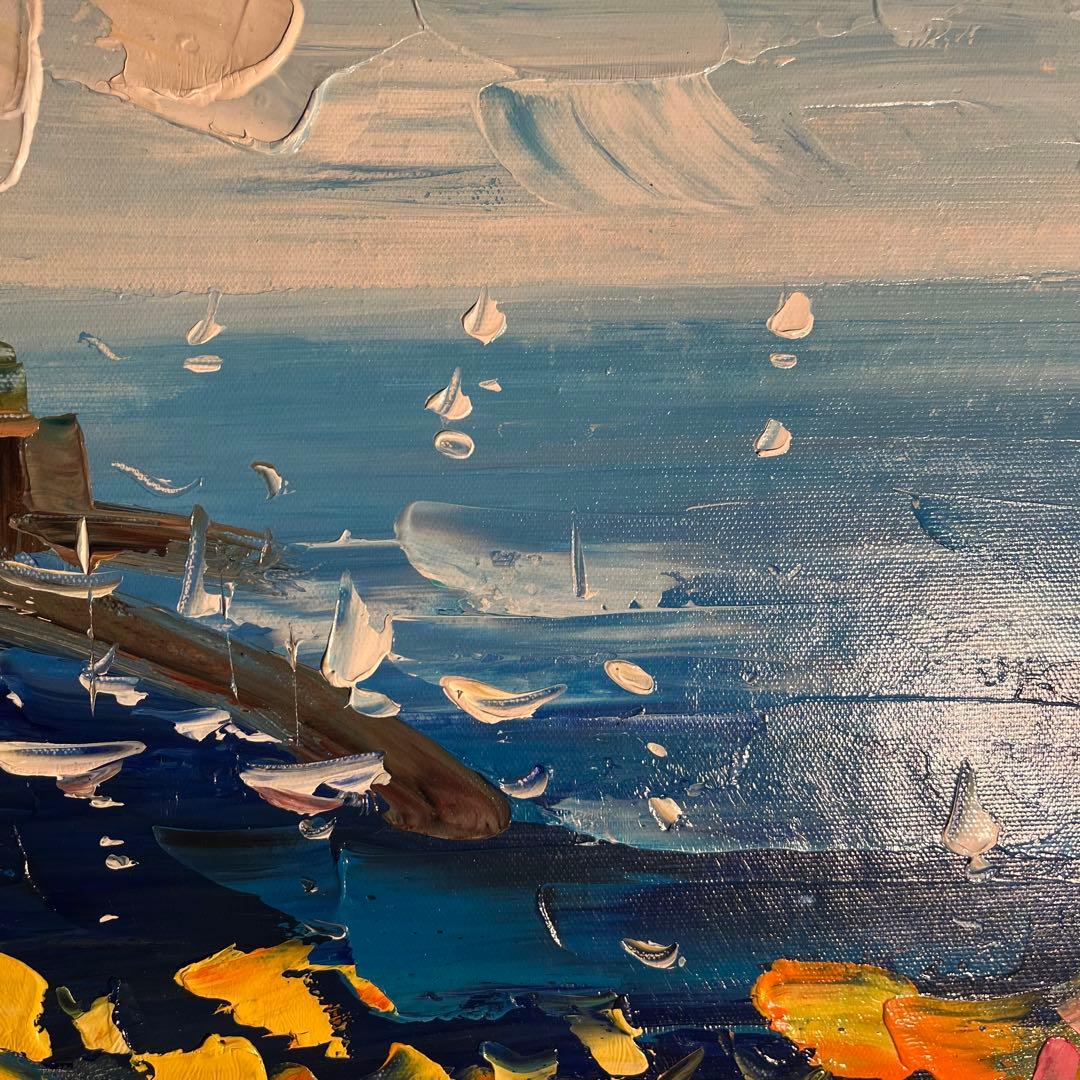 手書き油絵 地中海の風景 額付 肉筆絵画 インテリア 油彩画
