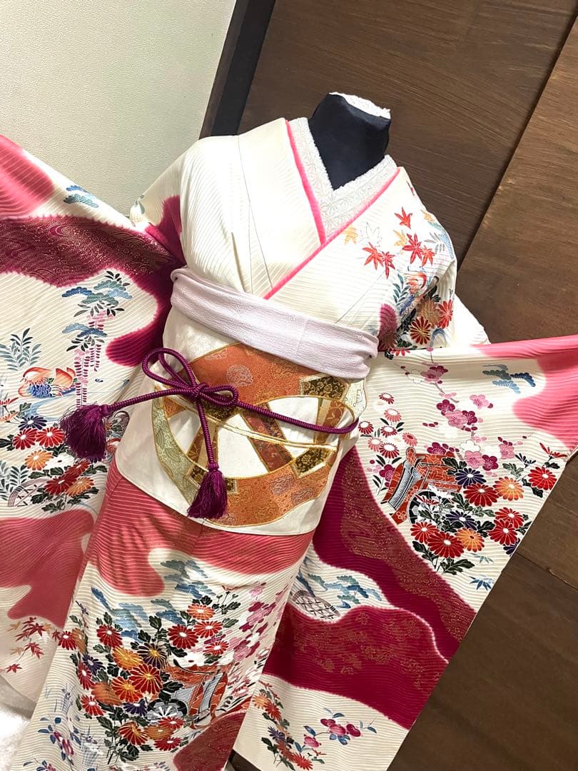 振袖 フルセット6点サイズM京友禅手描き銀駒刺繍　正絹　売り切り終了