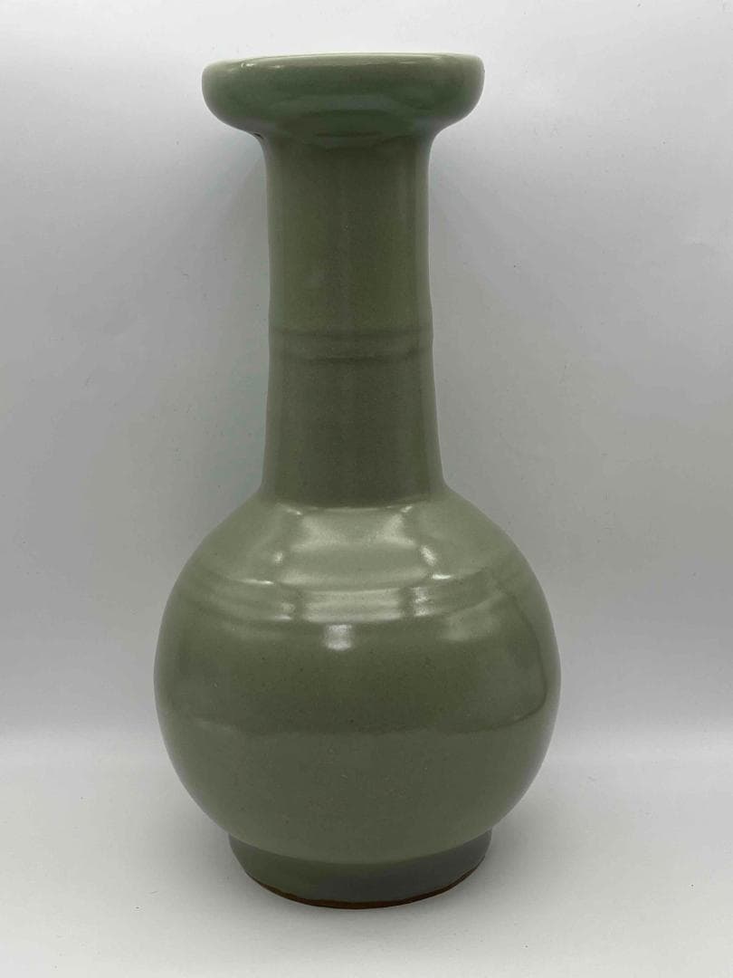 南宋時代　龍泉窯　 梅子青 青磁弦文盤口瓶 花入　花瓶　茶道具(E-81)