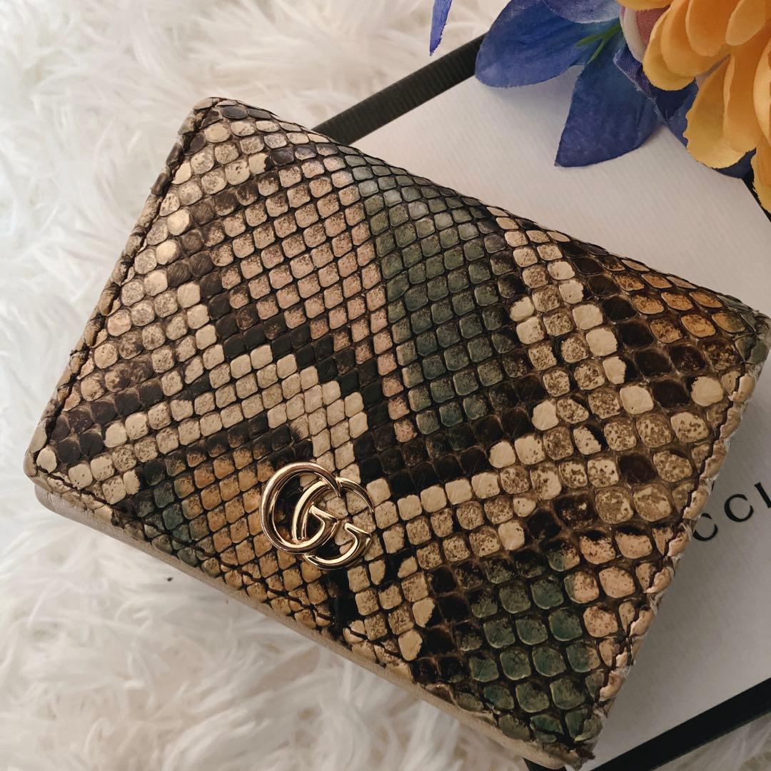 美品　GUCCIグッチ パイソン GGマーモント 折り財布 コンパクトウォレット