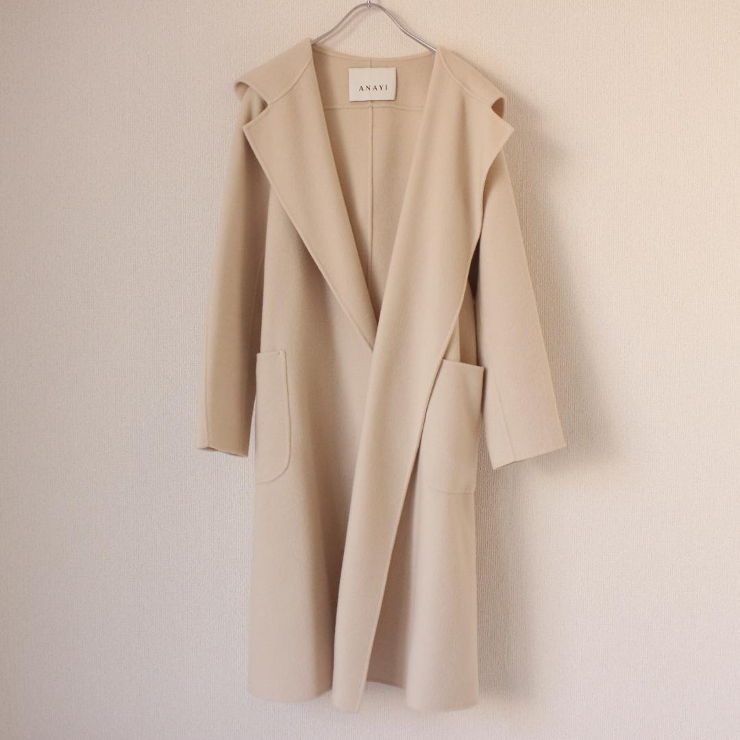 ANAYI リバーシャルムフードコート Mサイズ アイボリー ベルトリボン