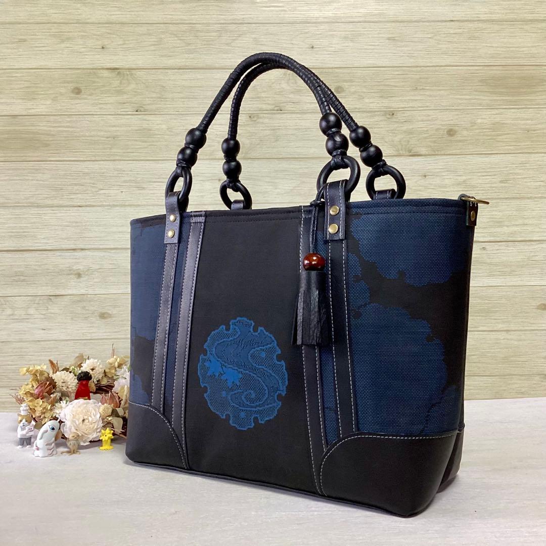 大島紬 ×本革 着物リメイク トートバッグ 和装バッグ ハンドメイド 雪輪柄 黒