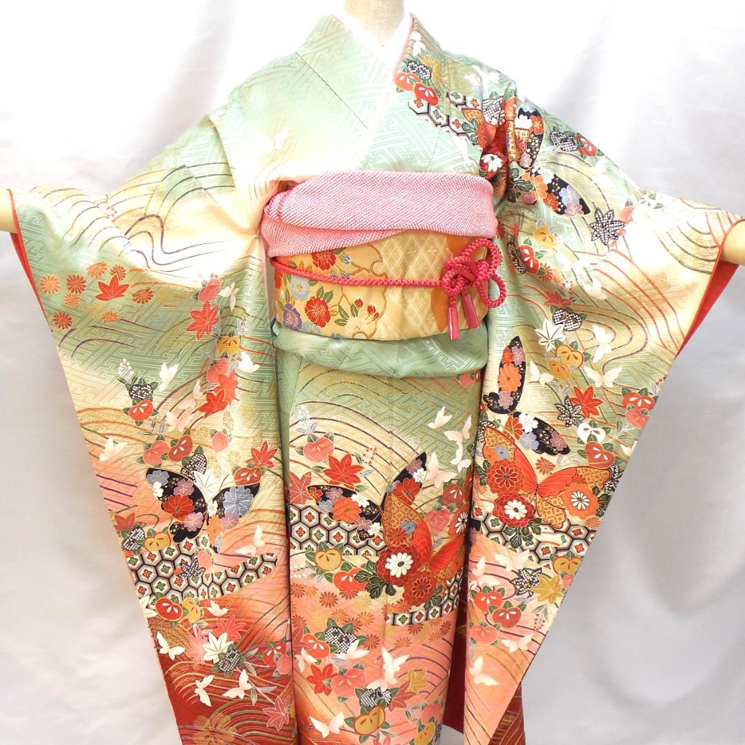 極美品★振袖フルセット　正絹　振袖　7点セット　成人式　Mサイズ　緑　赤　古典柄