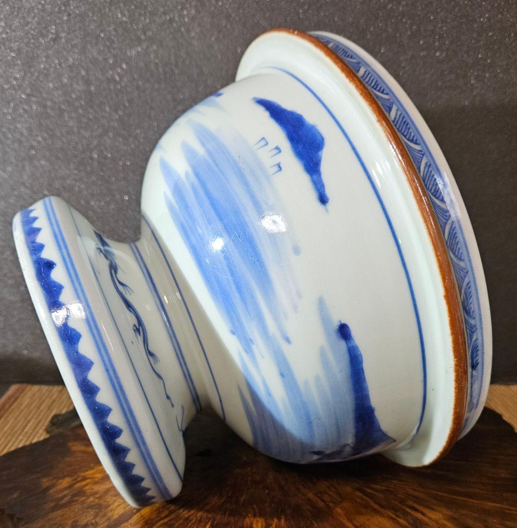 江戸時代末期～明治初期　古伊万里　染付　葉に卍繋ぎ文　大盃洗　高付鉢　コンポート