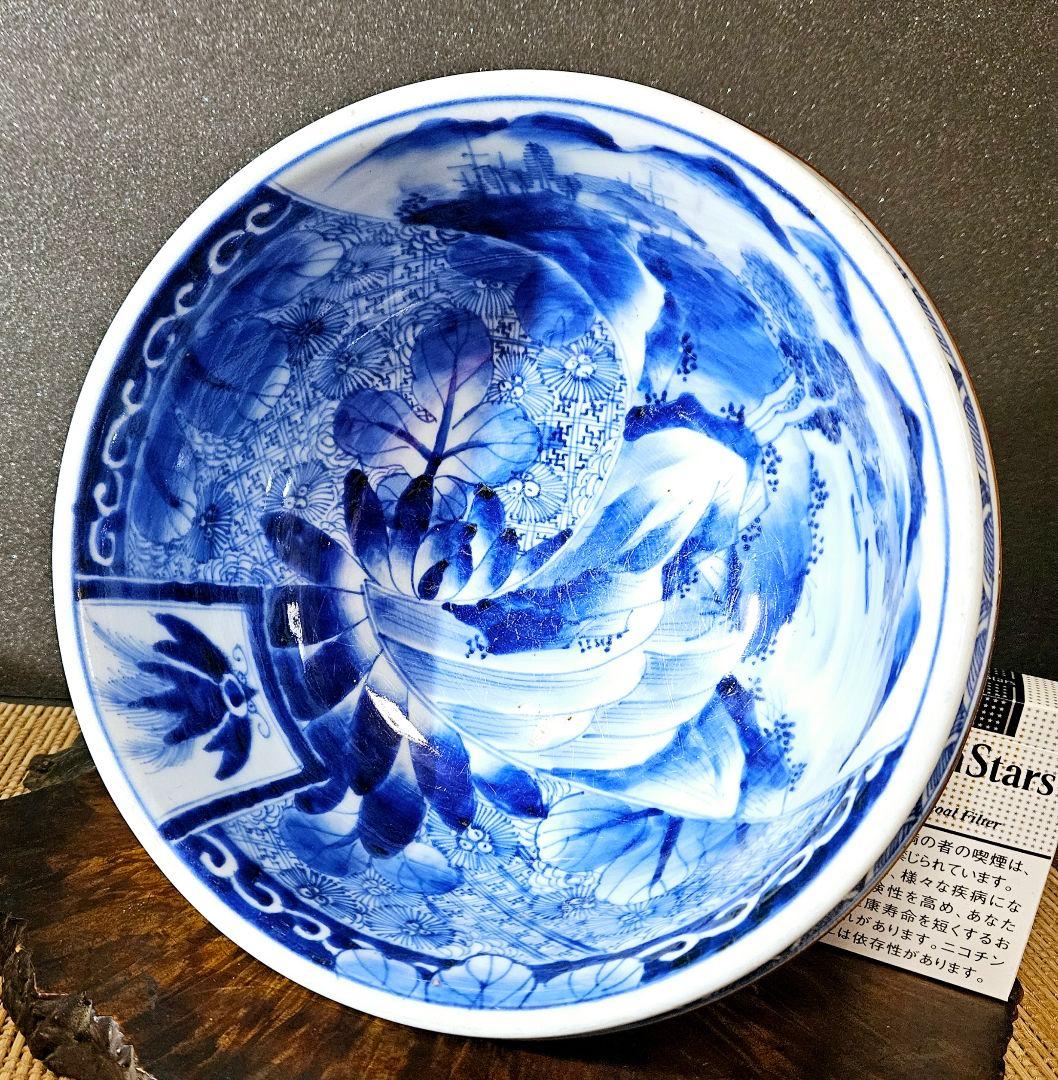 江戸時代末期～明治初期　古伊万里　染付　葉に卍繋ぎ文　大盃洗　高付鉢　コンポート