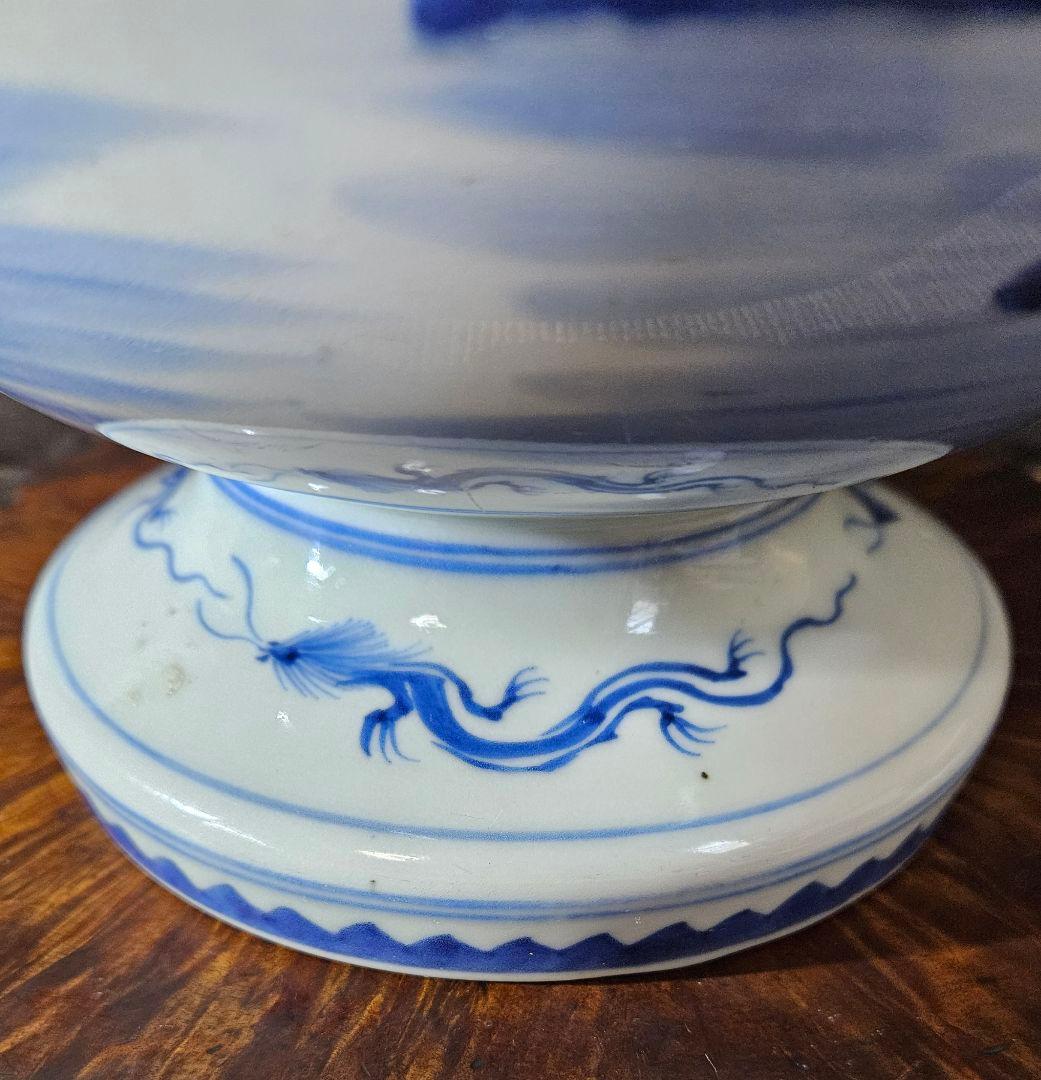 江戸時代末期～明治初期　古伊万里　染付　葉に卍繋ぎ文　大盃洗　高付鉢　コンポート