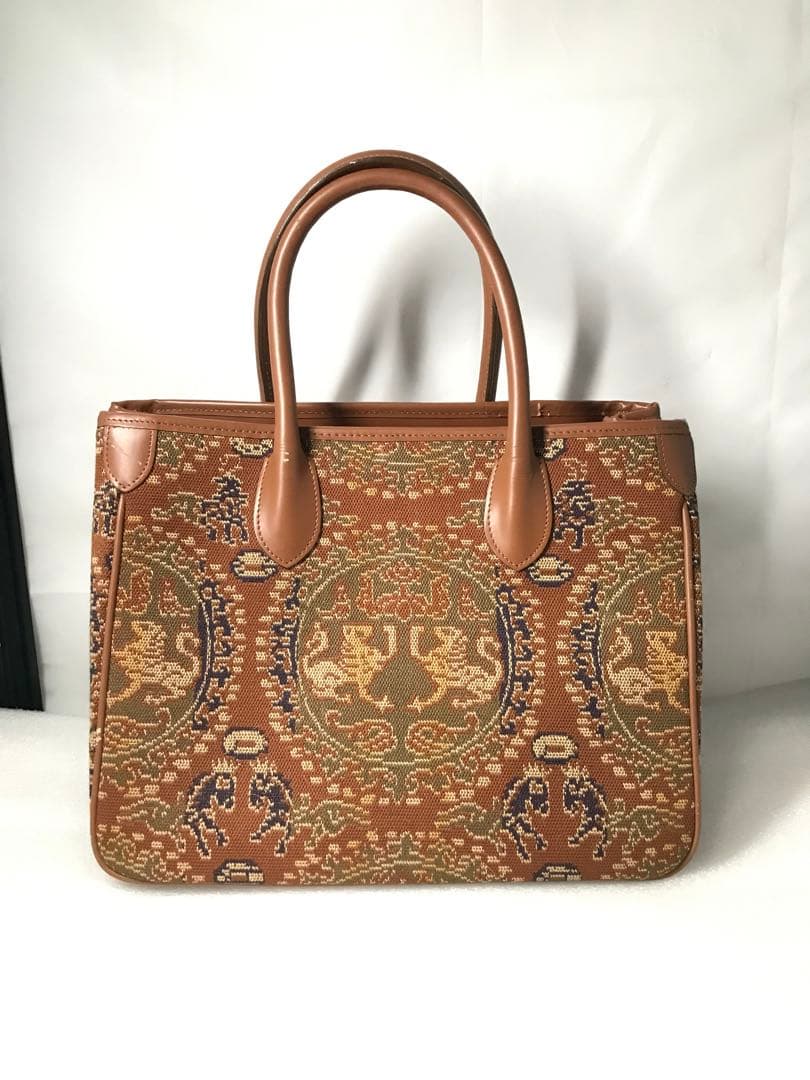 C0202)龍村美術織物 和装バッグ 動物 幾何学 茶色 正絹 和装小物