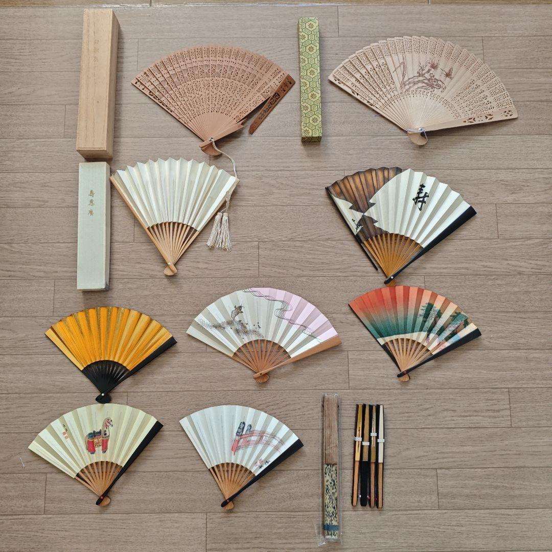竹製透かし彫り扇子　扇子（未使用・封あり5点）計14点
