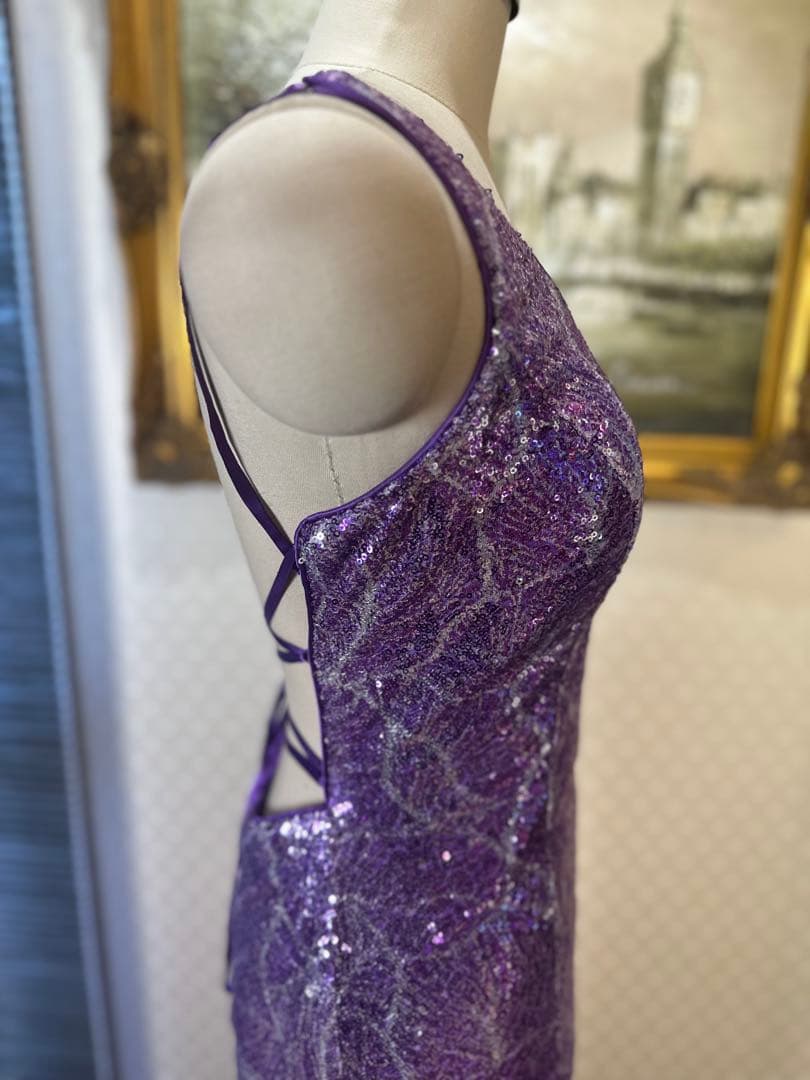 紫色 スパンコール 片肩ドレス