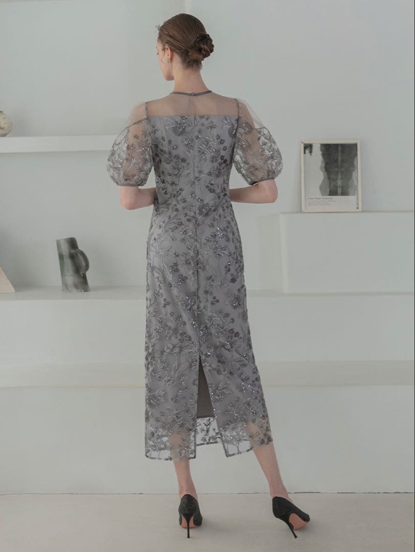 フラワーディテールパフスリーブIラインワンピースドレス結婚式二次会成人式デート