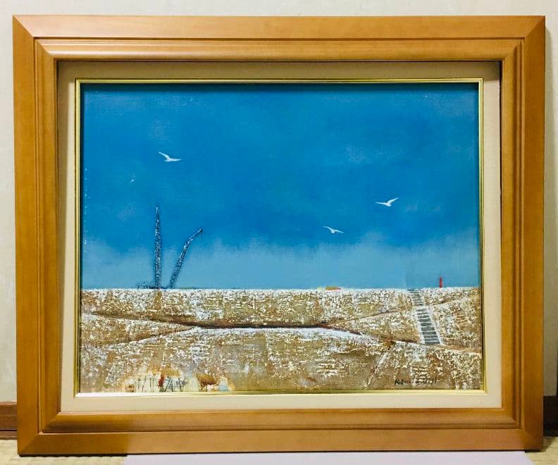 初雪の堤　油絵　P10（530×410mm）