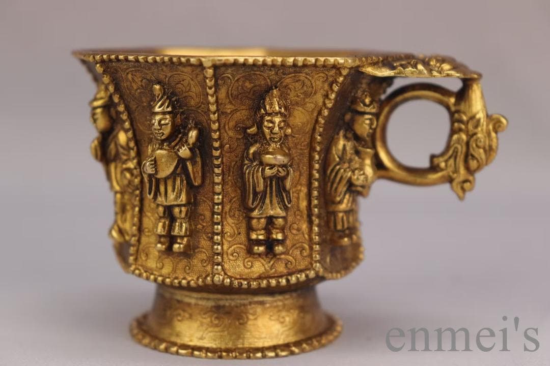 中国古美術 旧蔵 唐代 大唐貞觀款 鍍金銅酒杯 八仙紋 純手作り 精銅製 酒具