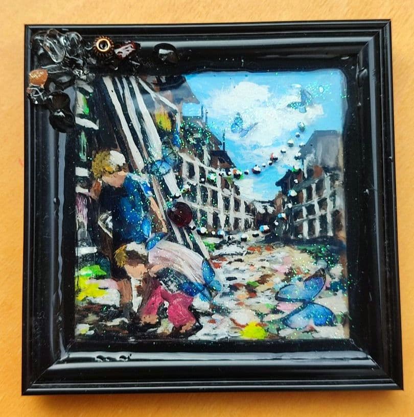 絵画　レジン　約束　スラム街の少年と少女（ガーネット,サンストーン水晶）