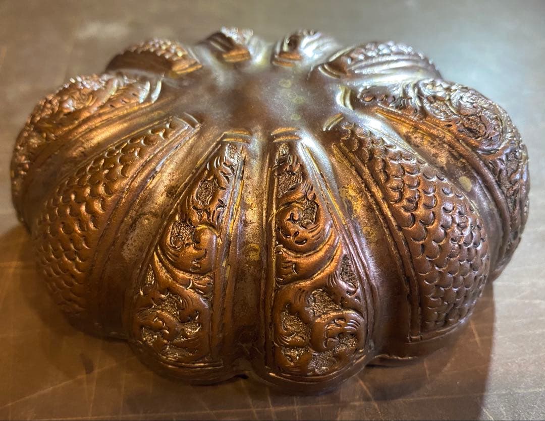 銅銀メッキ　パンプキンBox鑑賞台座付 ヴィンテージ　レア 中国　台湾茶器