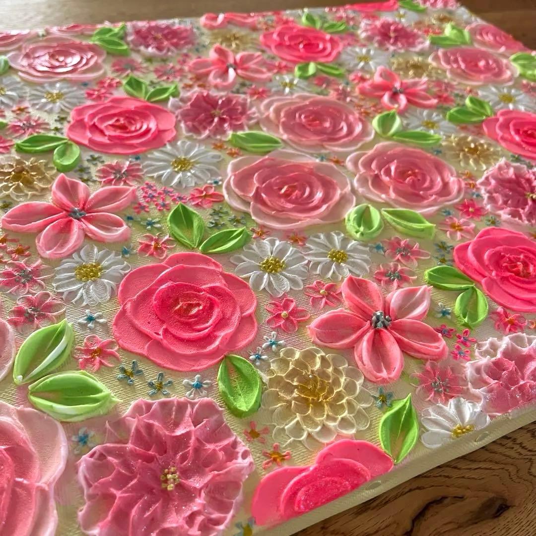 花柄 絵画 テクスチャーアート フラワーアート フランフラン　ピンクインテリア