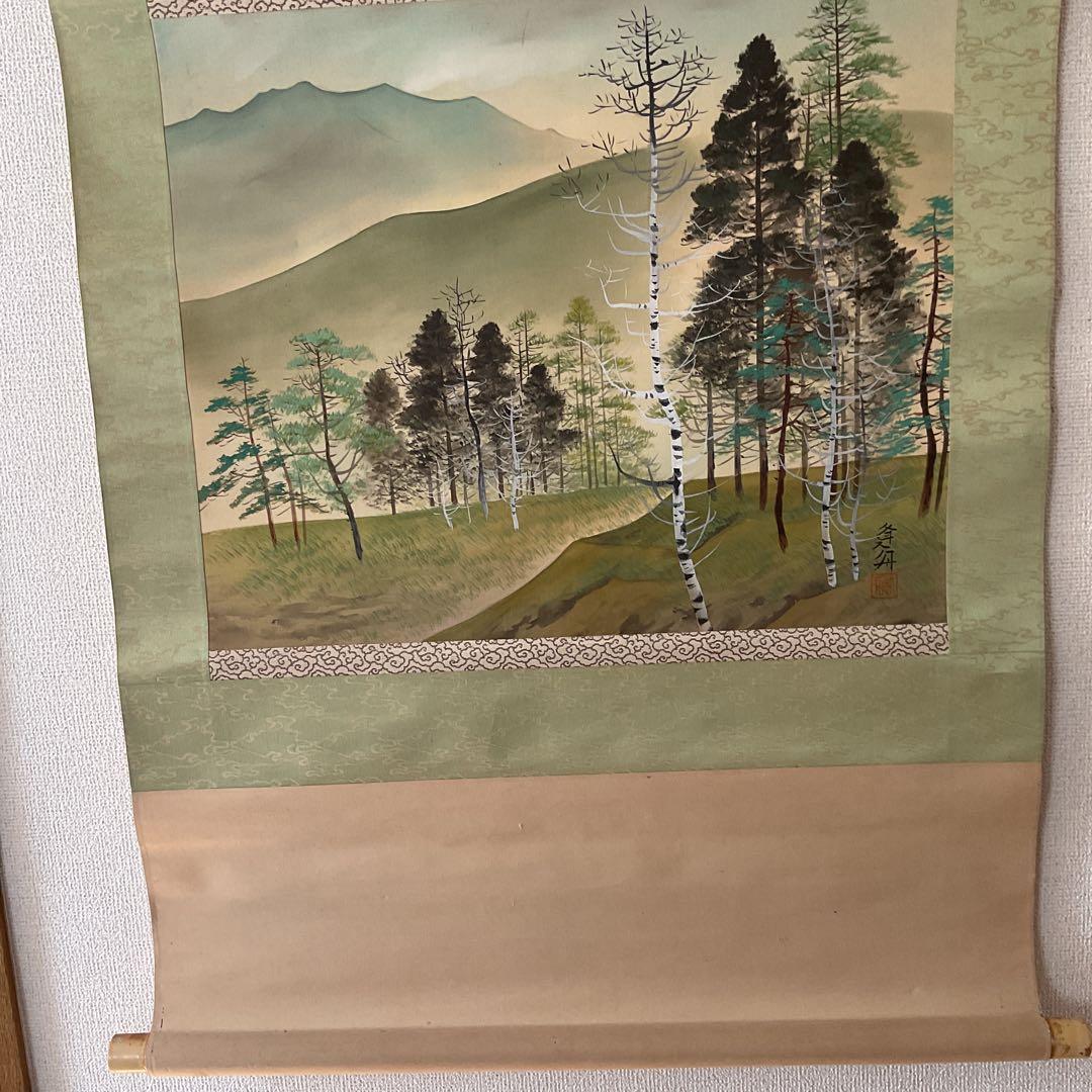 絹本彩色風景画 作者 落款印譜在 不詳 軸先 プラ軸 補修