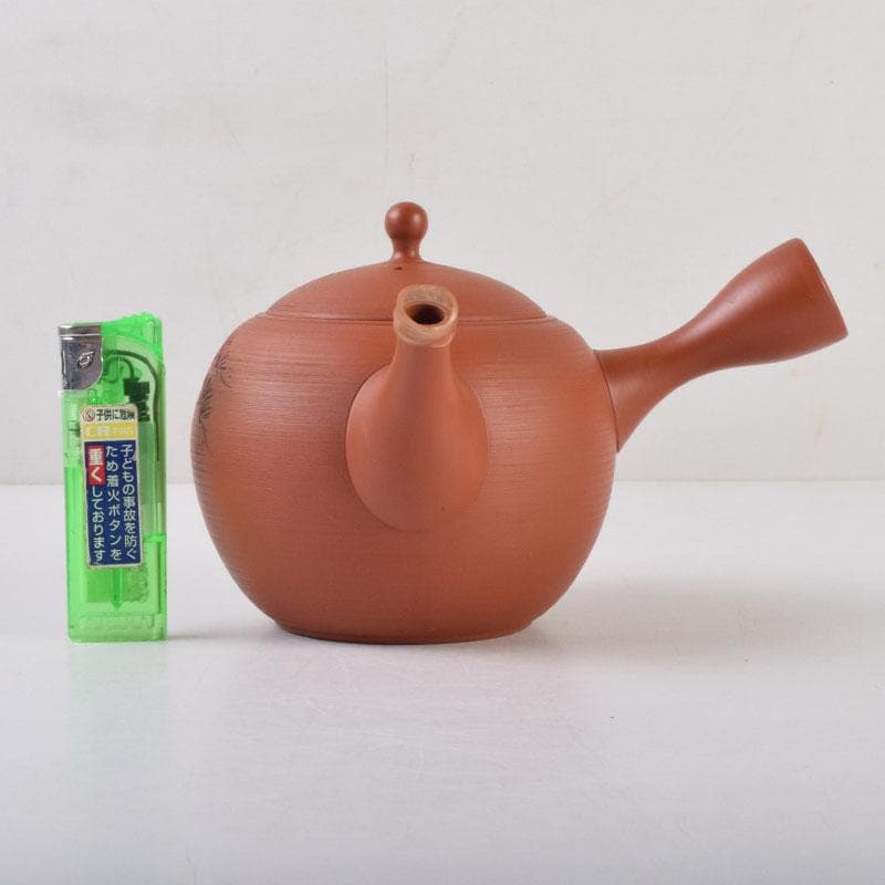 前茶道具　常滑焼　光松作　朱泥　松漢詩刻　横手急須　V　8654