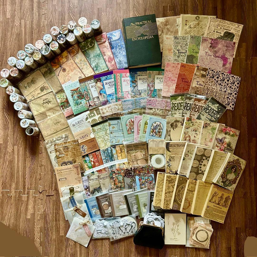 【大容量】コラージュ素材まとめ売りセット＊紙もの／洋書／マステ／シールなど