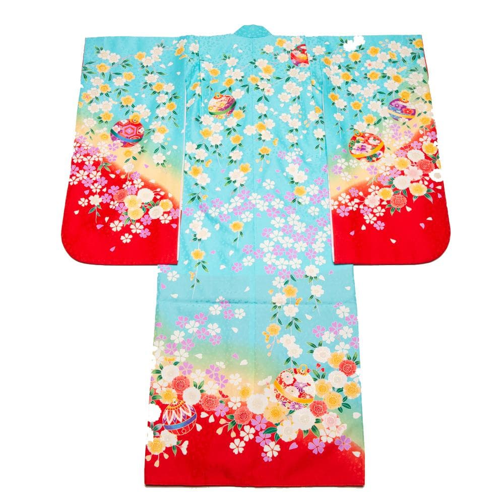 七歳　七五三着物振袖　水色に赤　桜しだれさくらと手毬　+襦袢セット 　美品