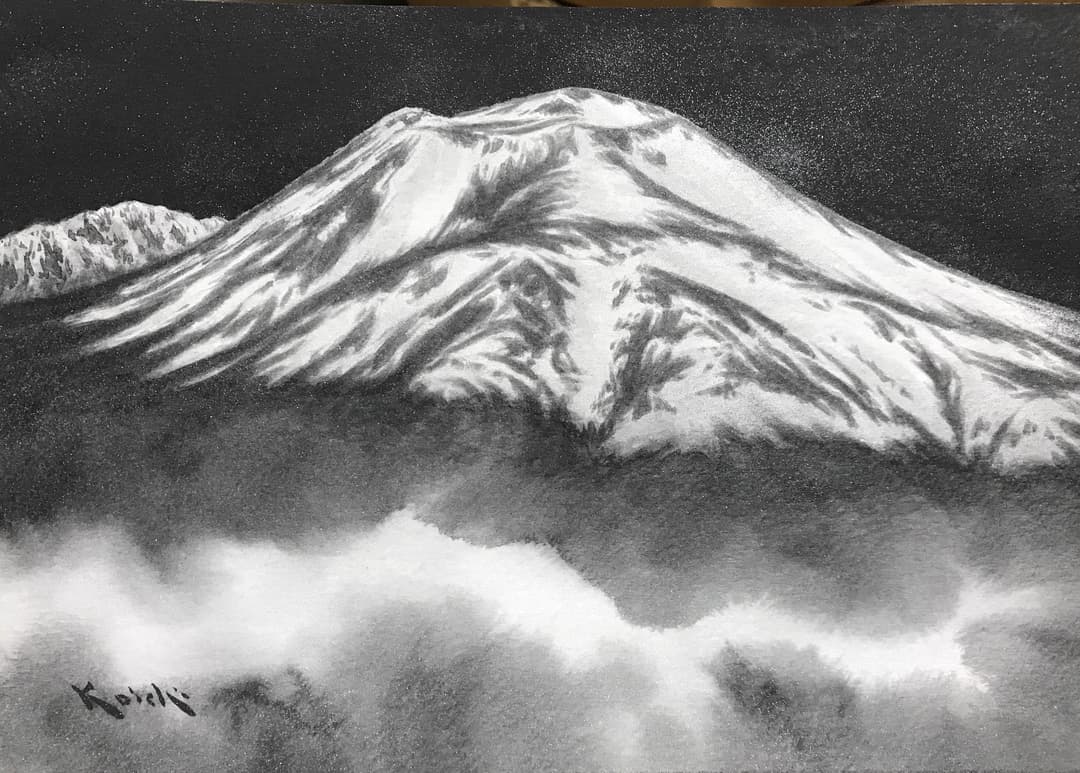 九*天様 ★山下康一 やましたこういち 紙に墨「浅間山」