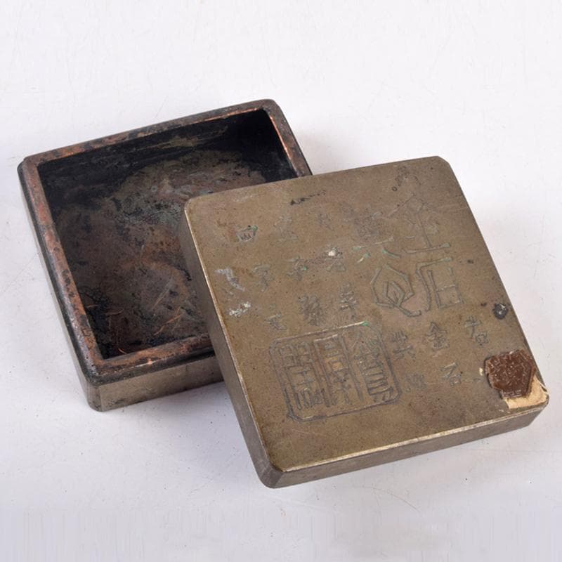 taka　中国　古錫漢詩刻　四方盒子肉池　小箱　約193g　D　R8858