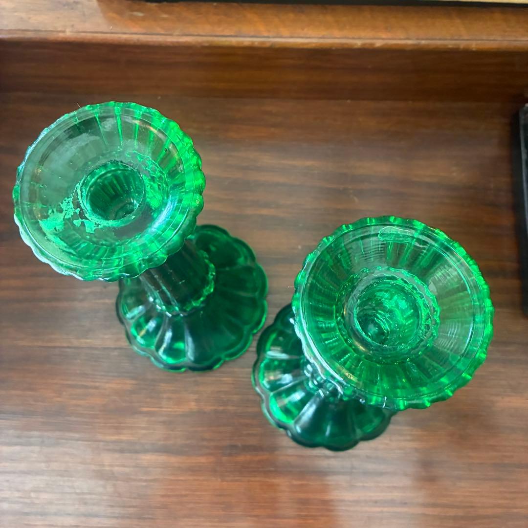 貴重！20's〜30's アメリカアンティーク燭台キャンドル　グリーンガラス2個