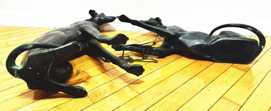 ウィペット犬等身大 緑青 ブロンズ像 彫刻 2体 銅製 時代物 WWST045