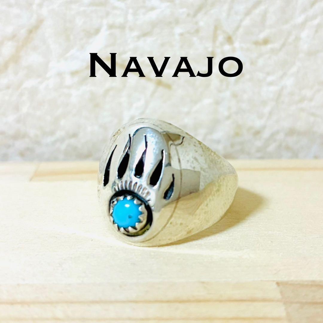 ナバホ族　シルバーリング　ベアパウ　ターコイズ　シャドーボックス　スターリング